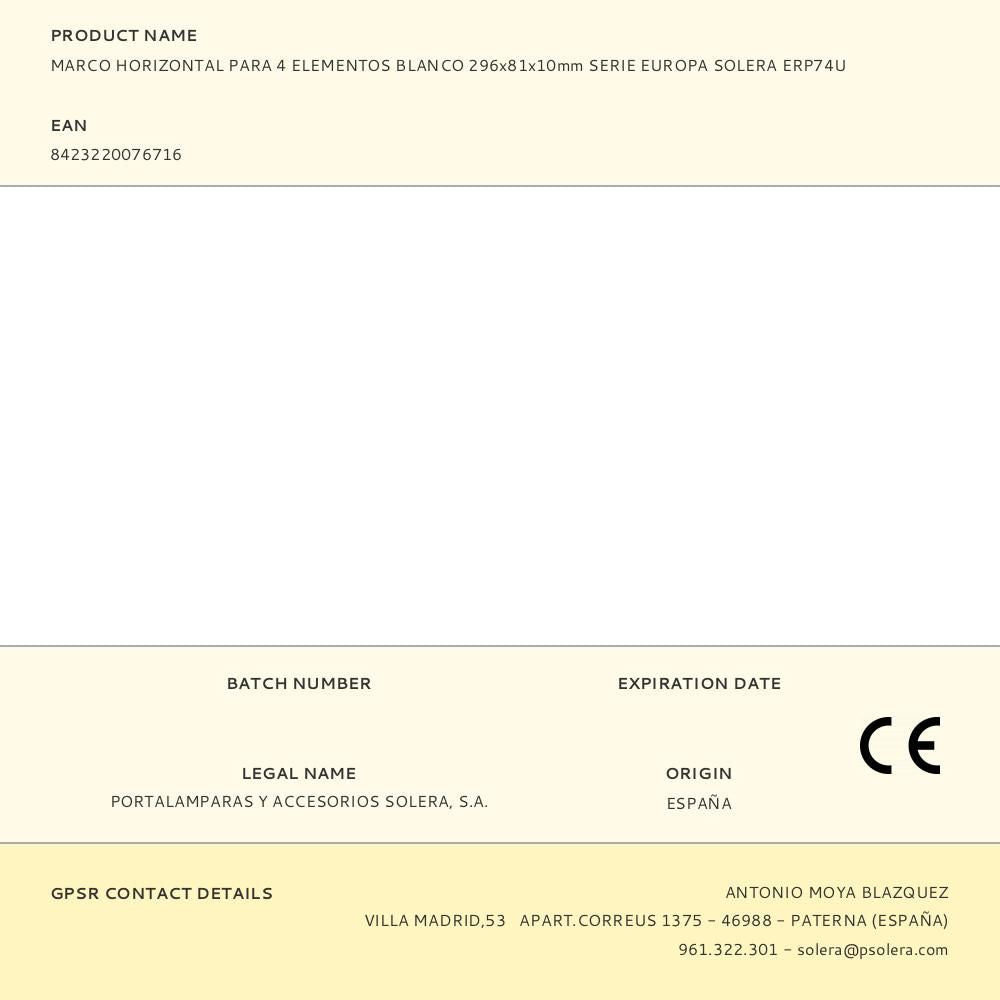 MARCO HORIZONTAL PARA 4 ELEMENTOS BLANCO 296x81x10mm SERIE EUROPA SOLERA ERP74U
