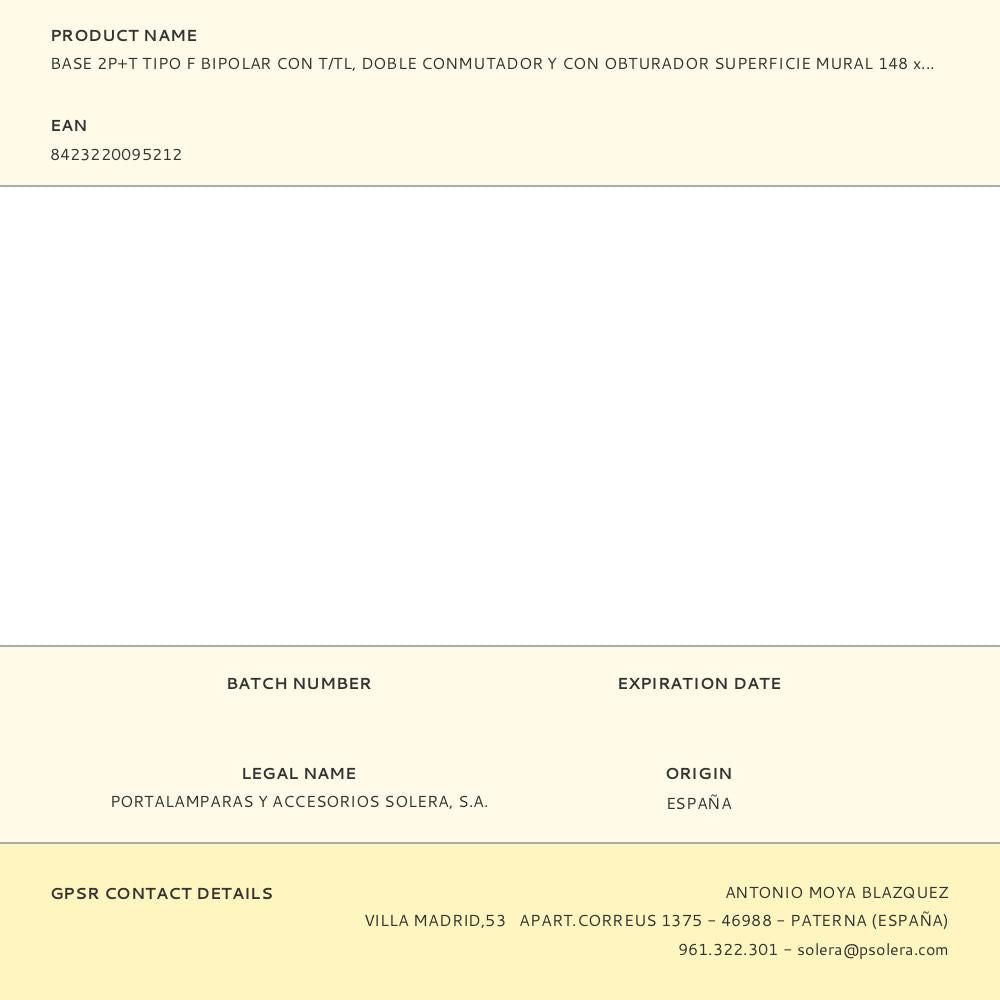 BASE 2P+T TIPO F BIPOLAR CON T/TL, DOBLE CONMUTADOR Y CON OBTURADOR SUPERFICIE MURAL 148 x 72 x 42 mm