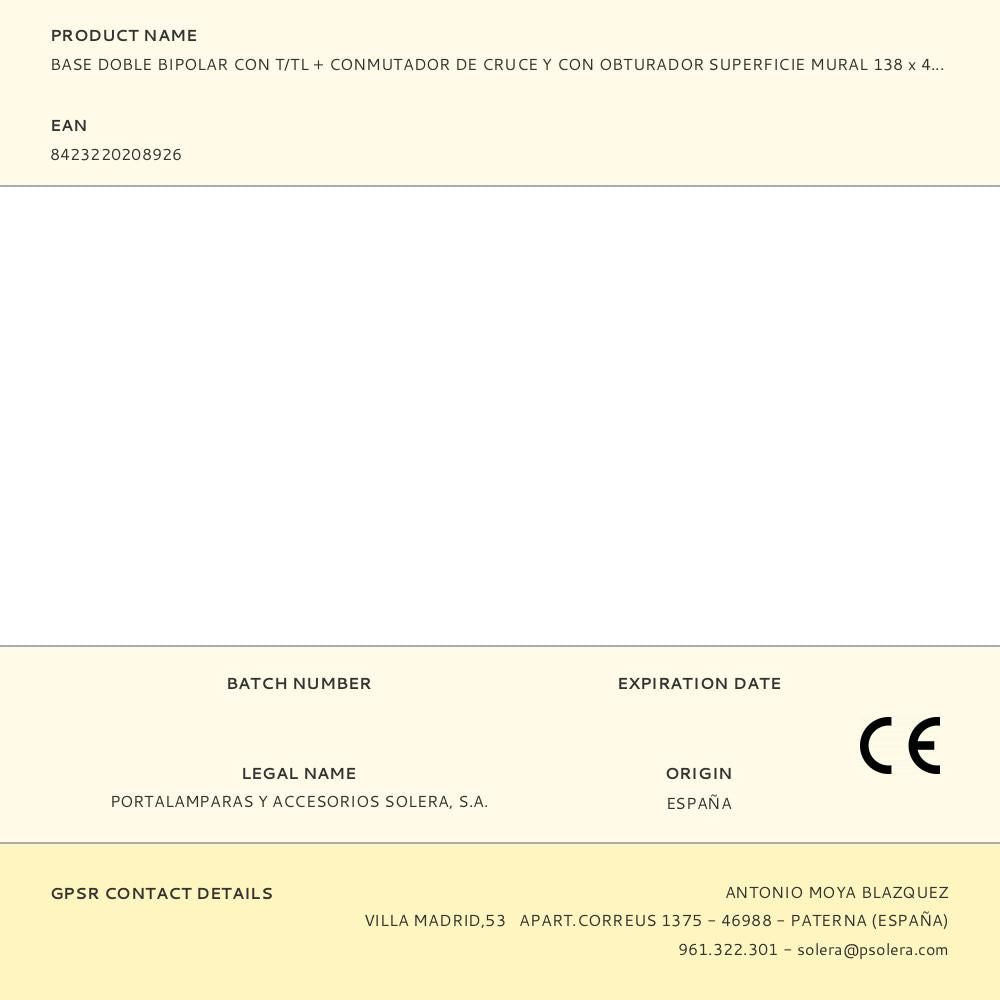 BASE DOBLE BIPOLAR CON T/TL + CONMUTADOR DE CRUCE Y CON OBTURADOR SUPERFICIE MURAL 138 x 42 x 72 mm