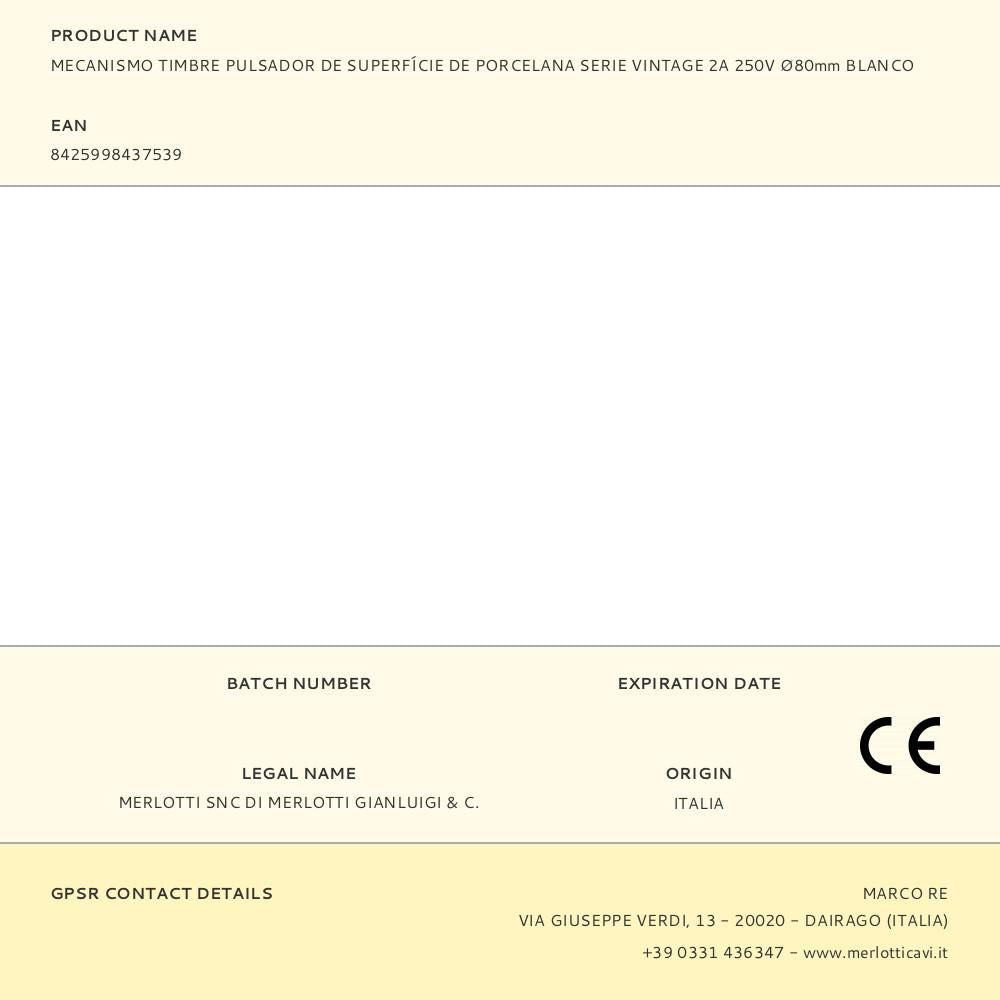 MECANISMO TIMBRE PULSADOR DE SUPERFÍCIE DE PORCELANA SERIE VINTAGE 2A 250V 80mm BLANCO