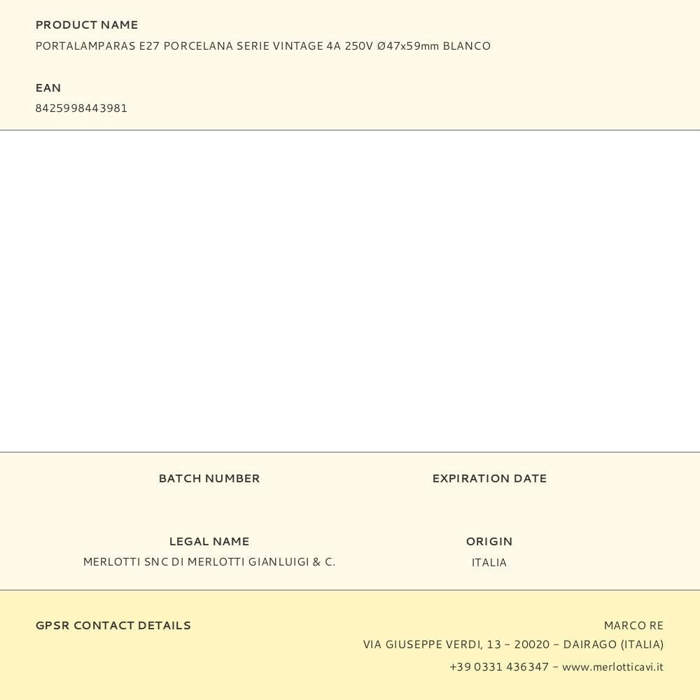 PORTALAMPARAS E27 PORCELANA SERIE VINTAGE 4A 250V 47x59mm BLANCO