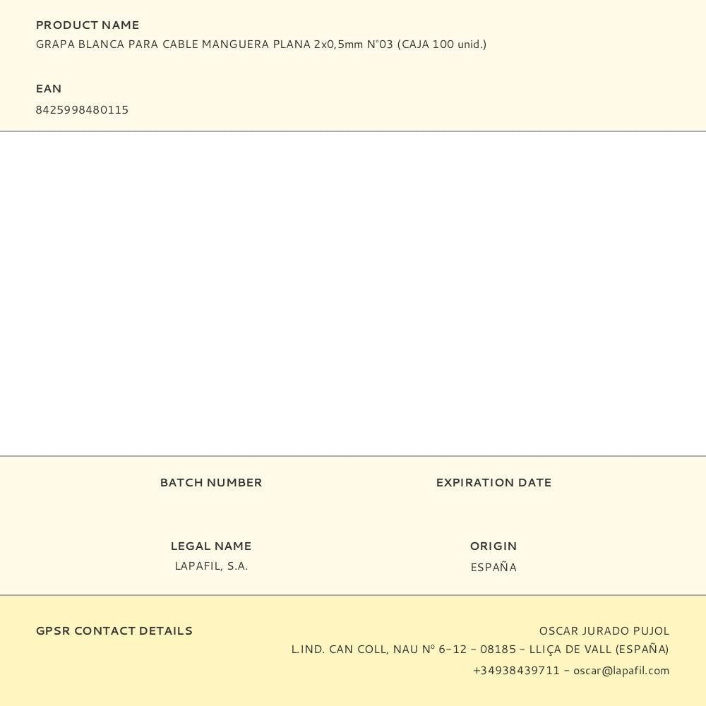GRAPA PARA CABLE MANGUERA PLANA 2 x 0,5 mm NÂ°03, BLANCA, CAJA 100 uds