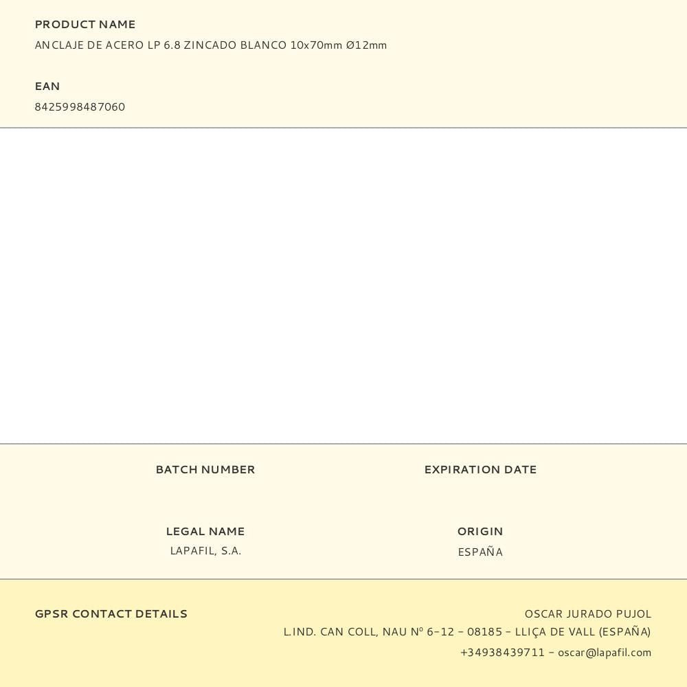 ANCLAJE DE ACERO LP 6.8 ZINCADO BLANCO 10 x 70 mm, 12 mm