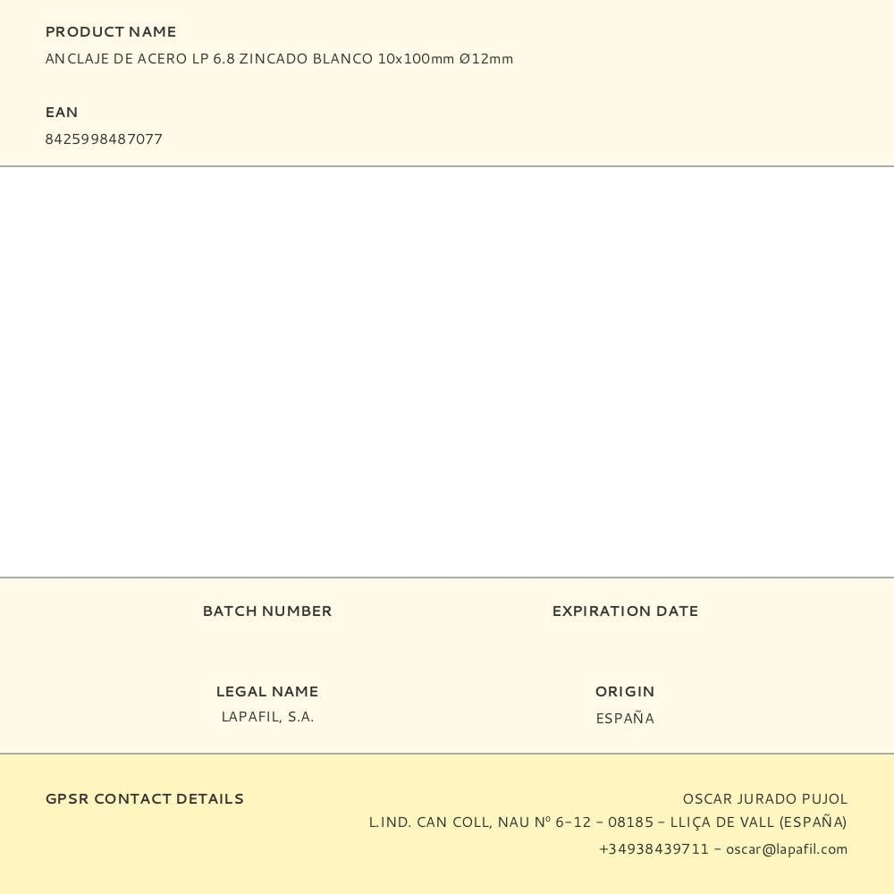 ANCLAJE DE ACERO LP 6.8 ZINCADO BLANCO 10 x 100 mm, 12 mm