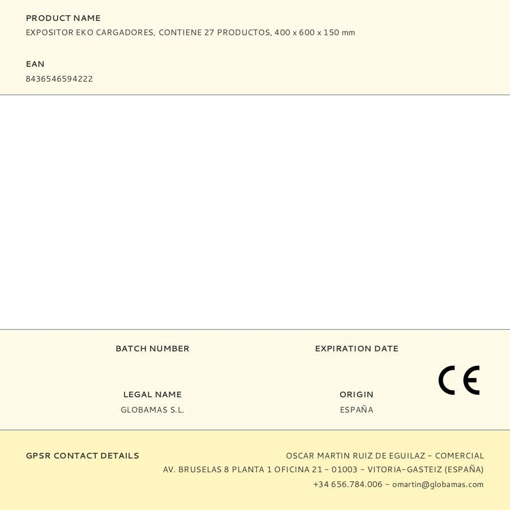 EXPOSITOR EKO CARGADORES, CONTIENE 27 PRODUCTOS, 400 x 600 x 150 mm