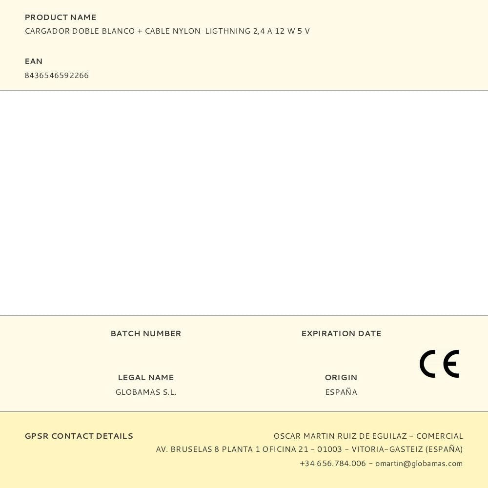 CARGADOR DOBLE BLANCO + CABLE NYLON  LIGTHNING 2,4 A 12 W 5 V
