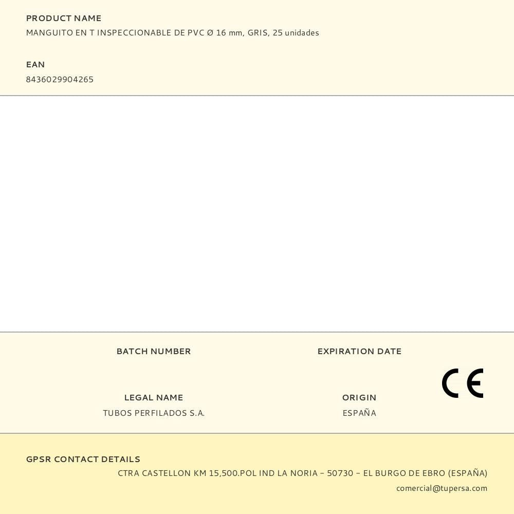 MANGUITO EN T INSPECCIONABLE DE PVC  16 mm, GRIS, 25 unidades
