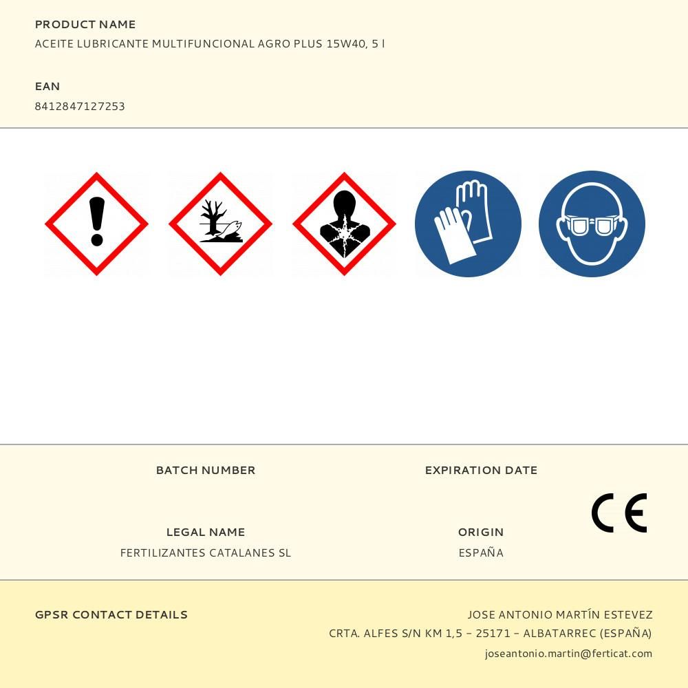 ACEITE LUBRICANTE MULTIFUNCIONAL AGRO PLUS 15W40, 5 l