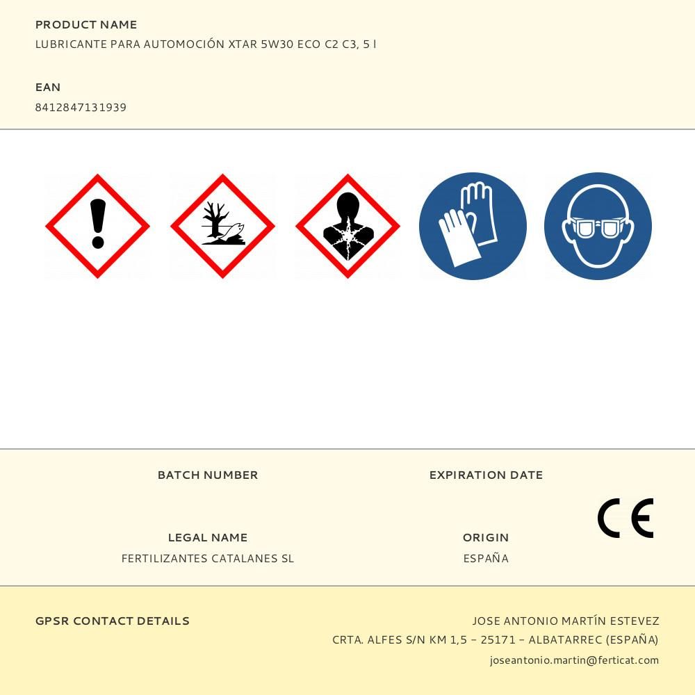 LUBRICANTE PARA AUTOMOCIÓN XTAR 5W30 ECO C2 C3, 5 l