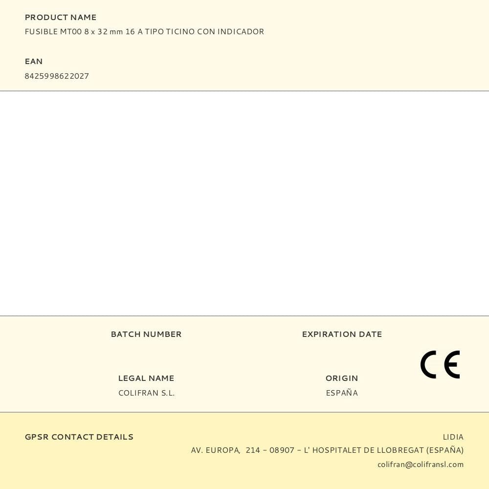 FUSIBLE MT00 8 x 32 mm 16 A TIPO TICINO CON INDICADOR