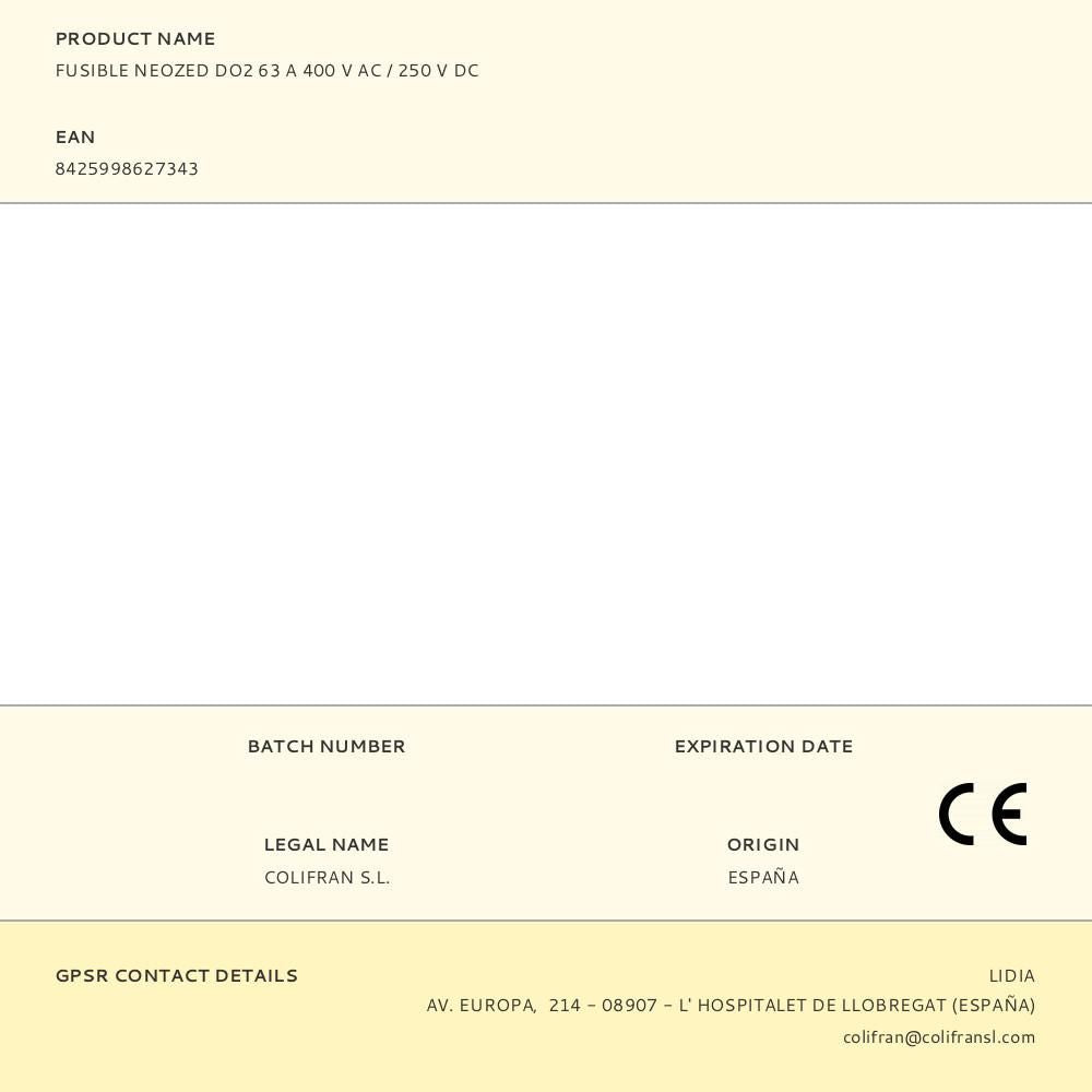 FUSIBLE NEOZED D02 63 A 400 V AC / 250 V DC