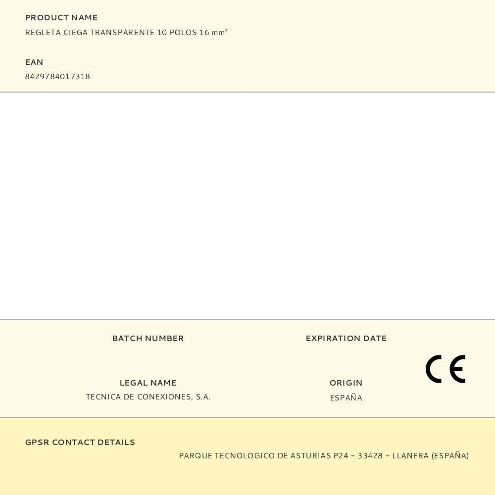 REGLETA CIEGA TRANSPARENTE 10 POLOS 16 mmÂ²