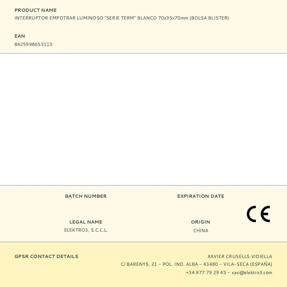 INTERRUPTOR EMPOTRAR LUMINOSO "SERIE TERM" BLANCO 70x35x70mm (BOLSA BLISTER)
