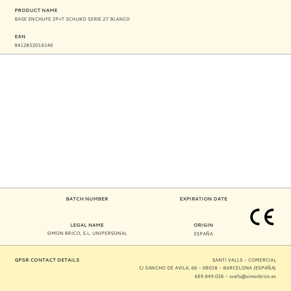 BASE ENCHUFE 2P+T SCHUKO SERIE 27 BLANCO