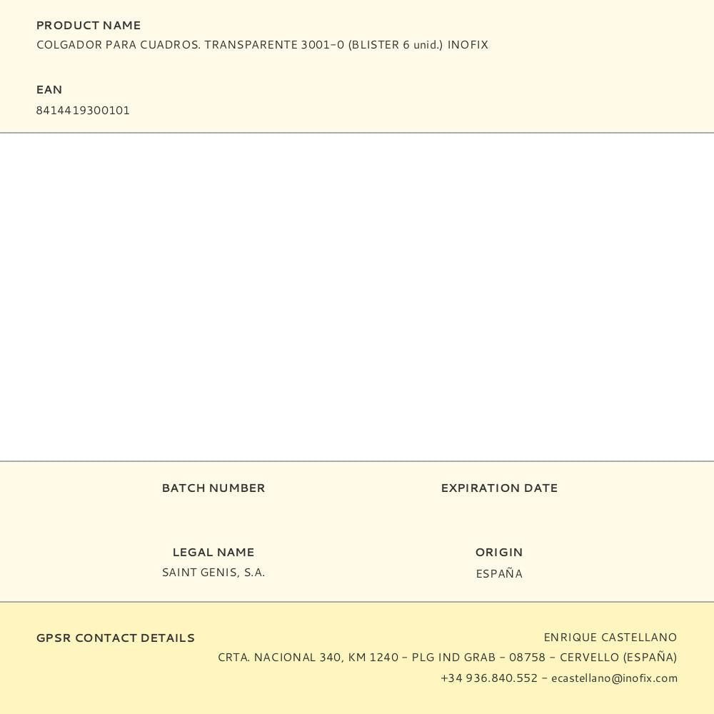 COLGADOR PARA CUADROS. TRANSPARENTE 3001-0 (BLISTER 6 unid.) INOFIX