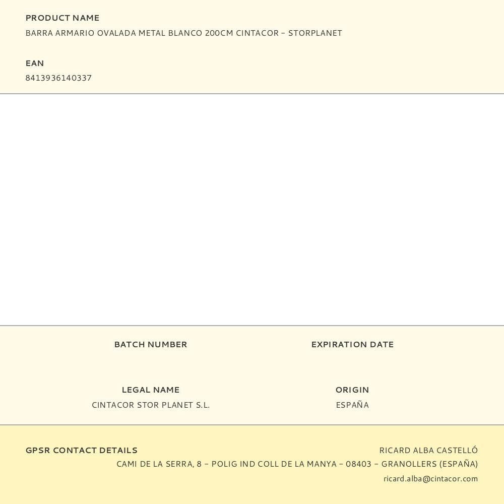 BARRA ARMARIO OVALADA METAL BLANCO 200CM CINTACOR - STORPLANET