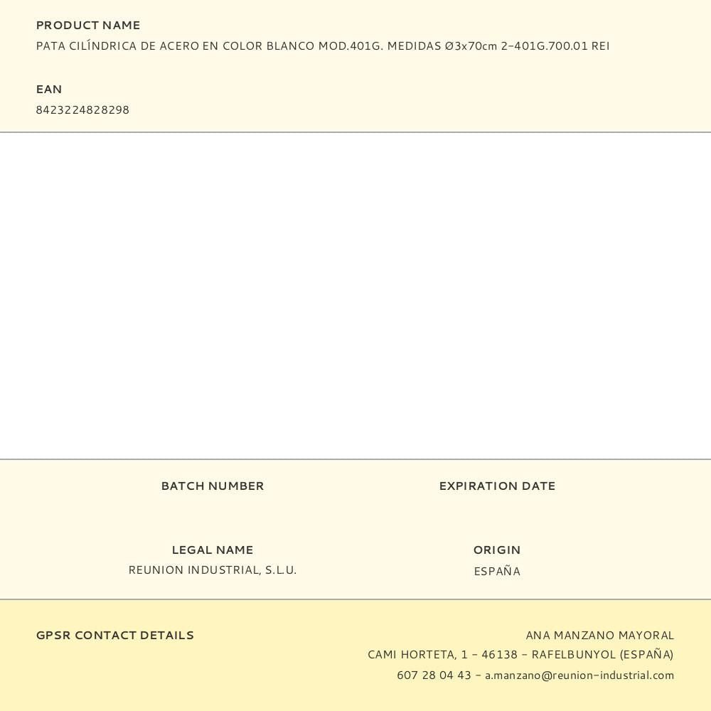 PATA CILÍNDRICA DE ACERO EN COLOR BLANCO MOD.401G. MEDIDAS 3x70cm 2-401G.700.01 REI