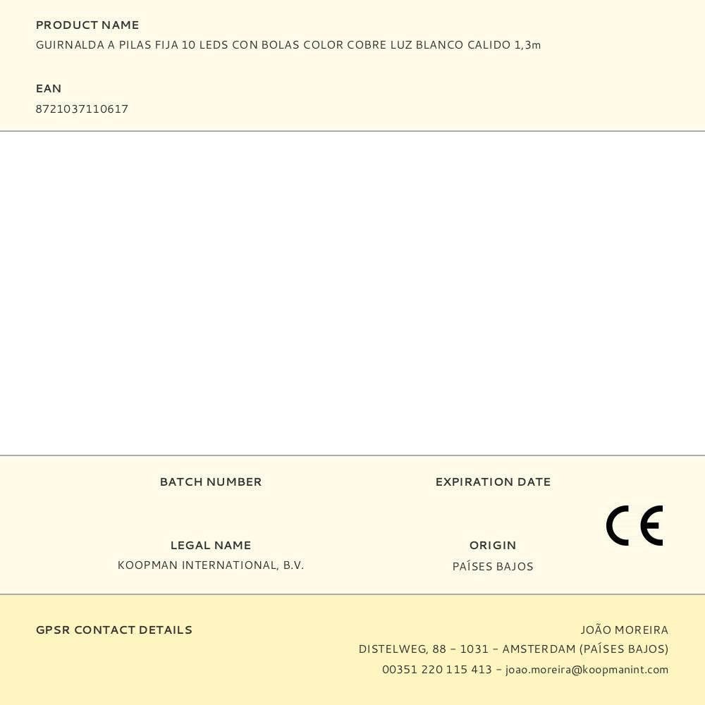GUIRNALDA A PILAS FIJA 10 LEDS CON BOLAS COLOR COBRE LUZ BLANCO CALIDO 1,3m
