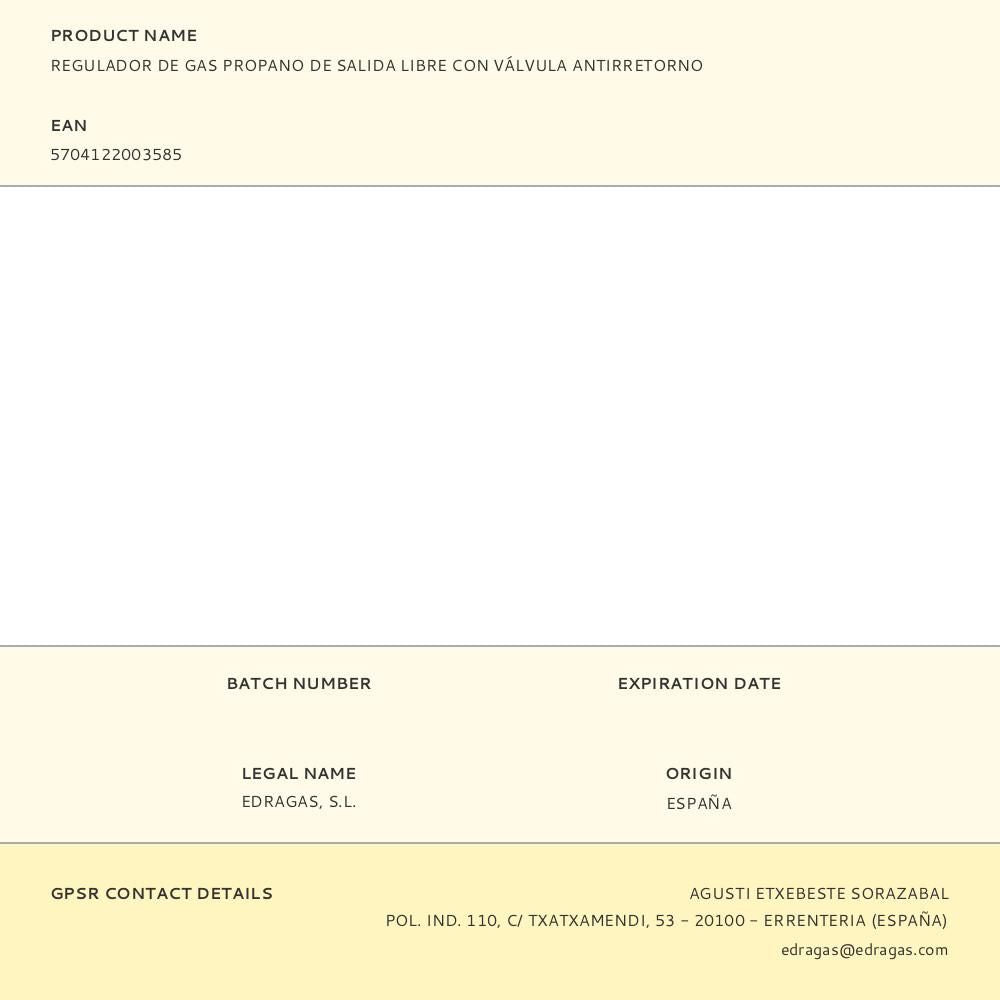 REGULADOR DE GAS PROPANO DE SALIDA LIBRE CON VÍLVULA ANTIRRETORNO