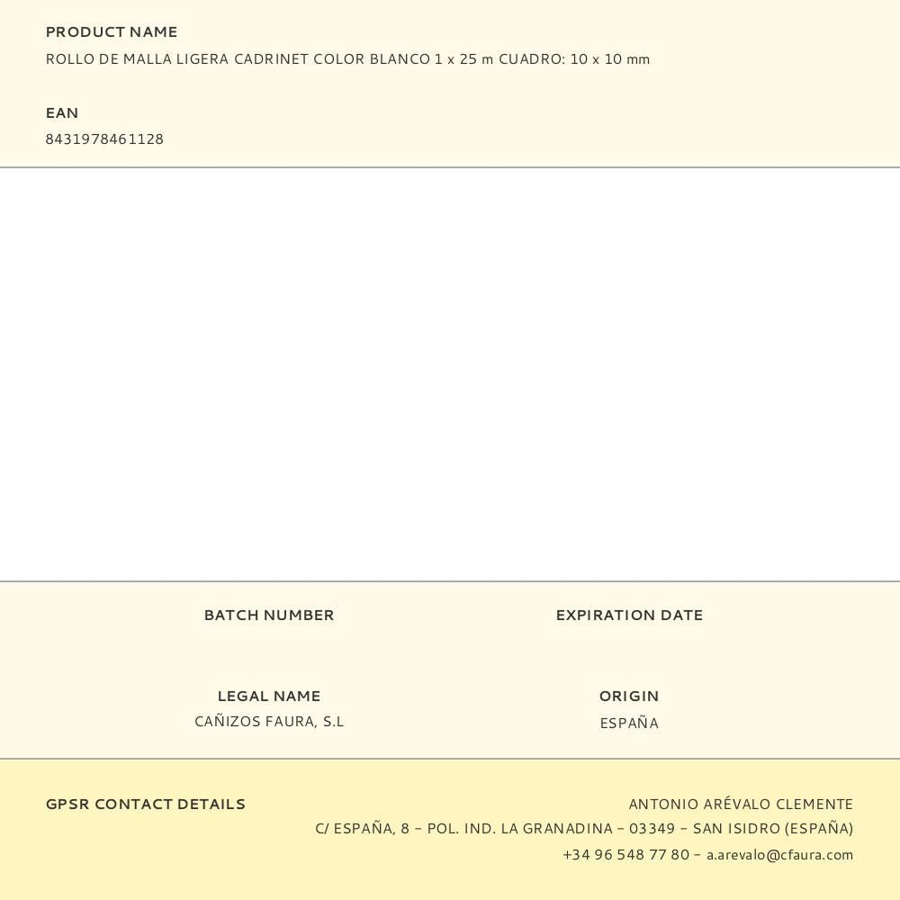 ROLLO DE MALLA LIGERA CADRINET COLOR BLANCO 1 x 25 m CUADRO: 10 x 10 mm