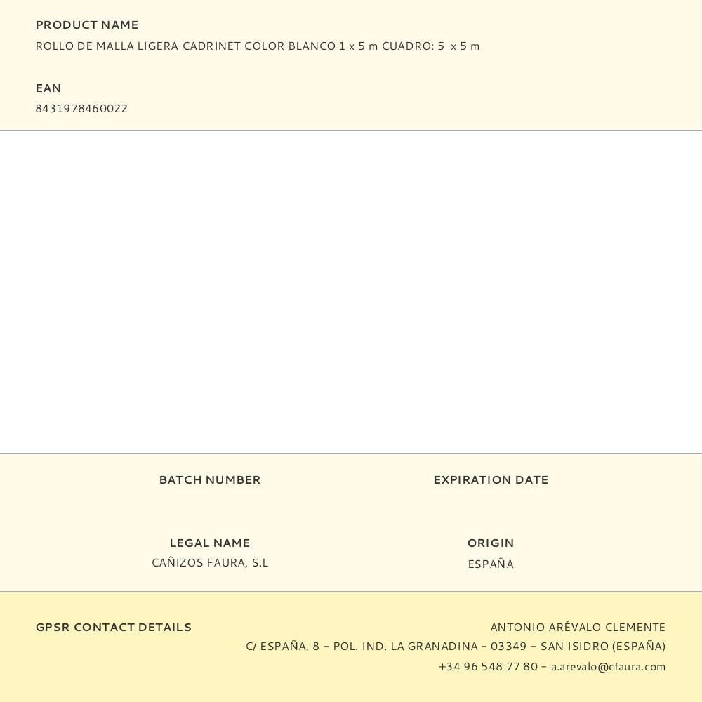 ROLLO DE MALLA LIGERA CADRINET COLOR BLANCO 1 x 5 m CUADRO: 5  x 5 m
