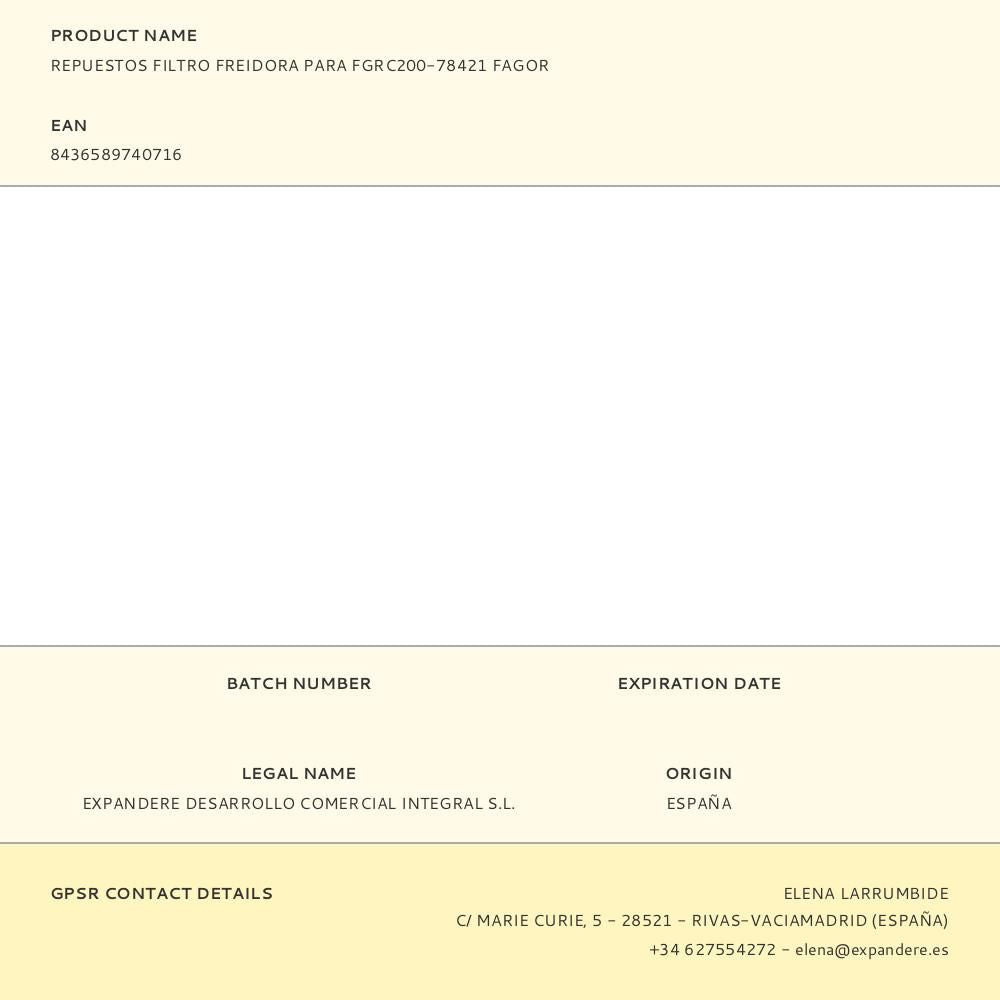 REPUESTOS FILTRO FREIDORA PARA FGRC200-78421 FAGOR