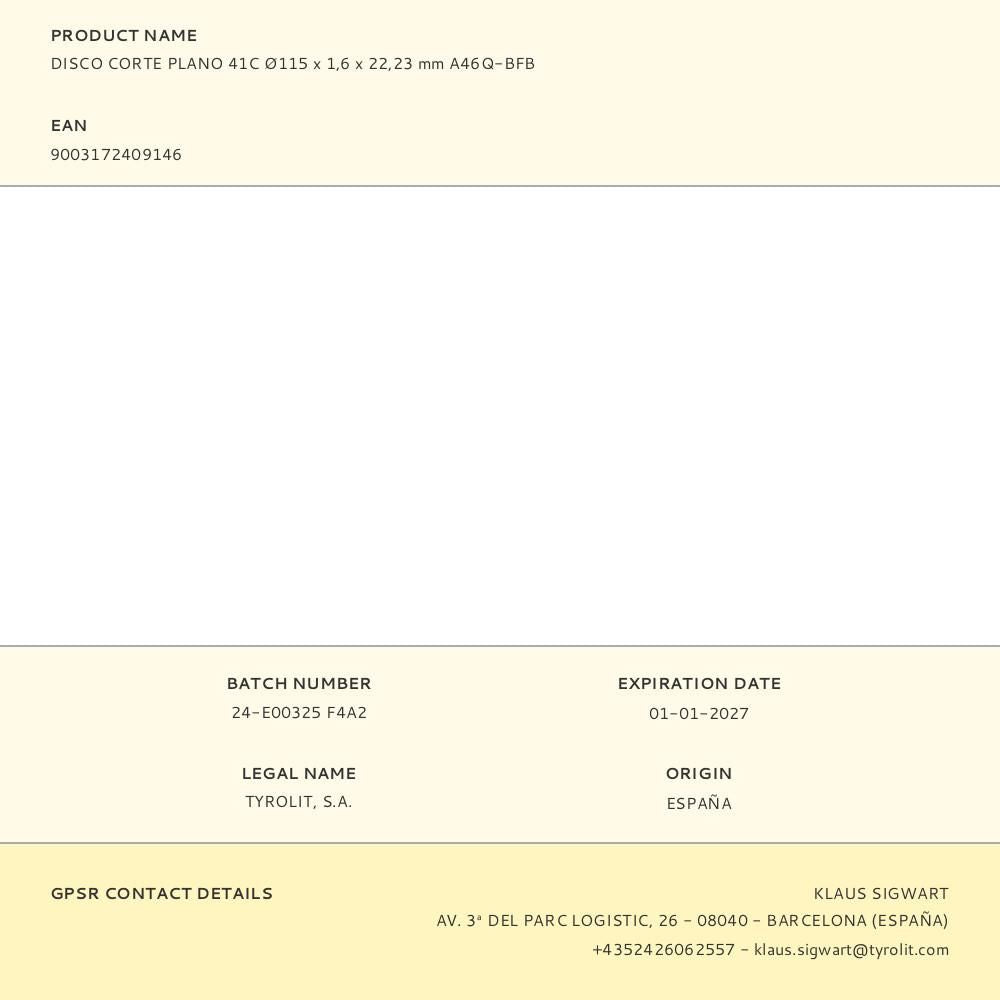 DISCO CORTE ACERO INOX 41C 115 x 1,6 x 22,23 mm A46Q-BFB