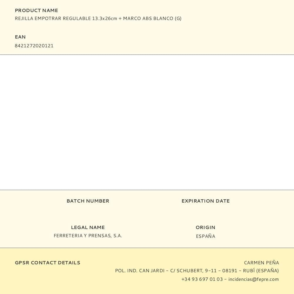 REJILLA EMPOTRAR REGULABLE 13.3x26cm + MARCO ABS BLANCO (G)