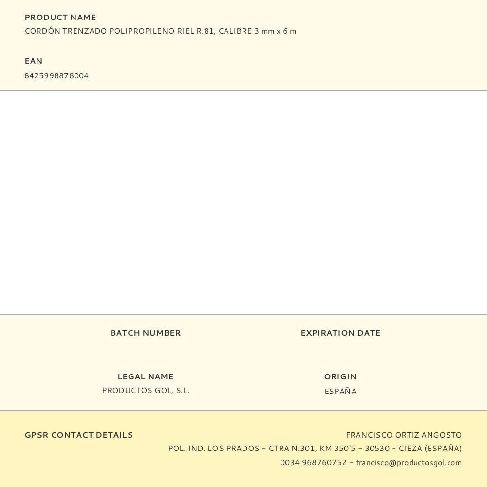 CORDÓN TRENZADO POLIPROPILENO RIEL R.81, CALIBRE 3 mm x 6 m
