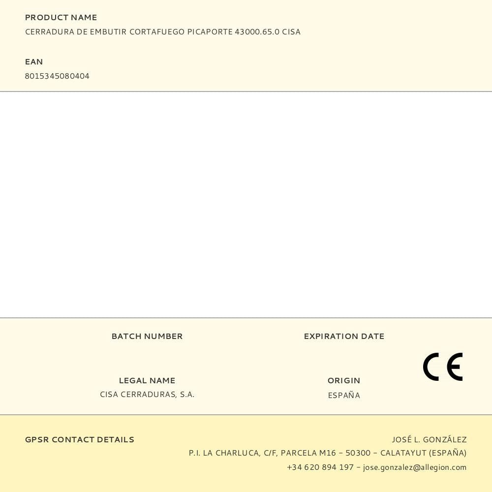 CERRADURA DE EMBUTIR CORTAFUEGO PICAPORTE 43000.65.0 CISA