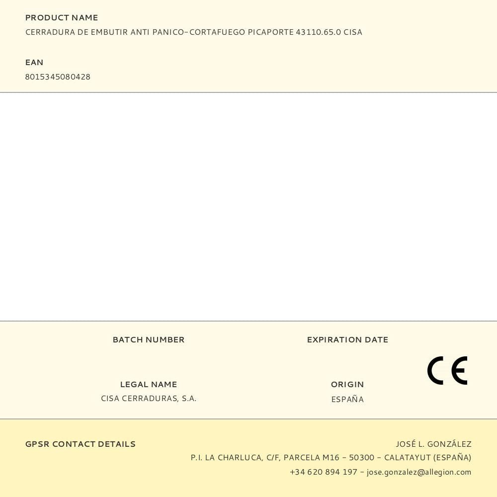 CERRADURA DE EMBUTIR ANTI PANICO-CORTAFUEGO PICAPORTE 43110.65.0 CISA