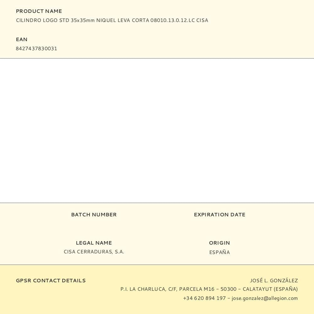 CILINDRO LOGO STD 35x35mm NIQUEL LEVA CORTA 08010.13.0.12.LC CISA