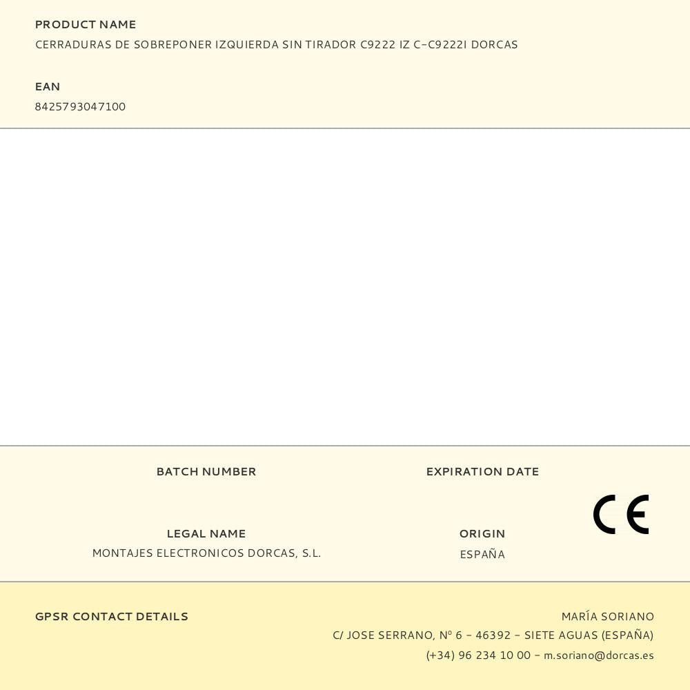 CERRADURAS DE SOBREPONER IZQUIERDA SIN TIRADOR C9222 IZ C-C9222I DORCAS