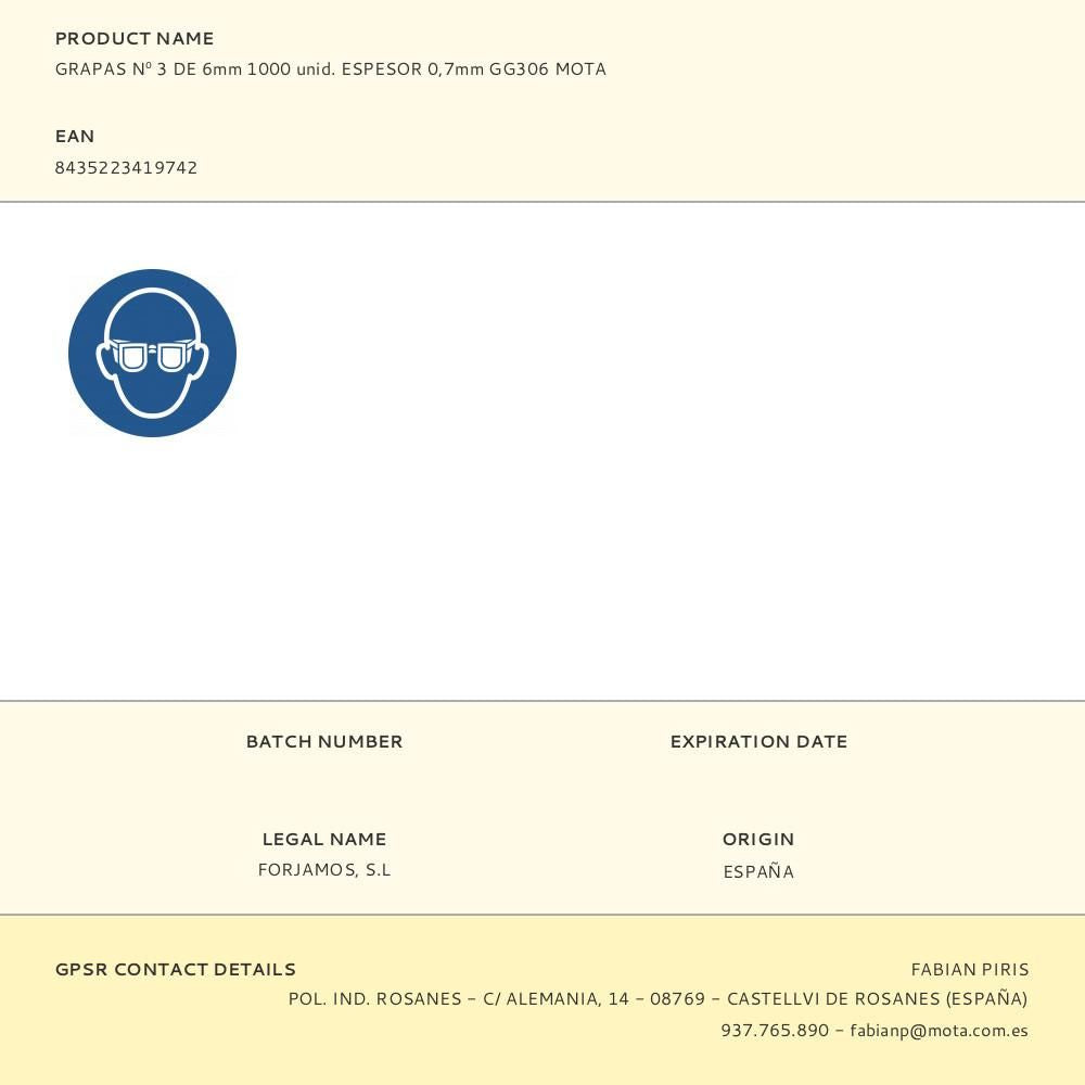 GRAPAS Nº 3 DE 6mm 1000 unid. ESPESOR 0,7mm GG306 MOTA