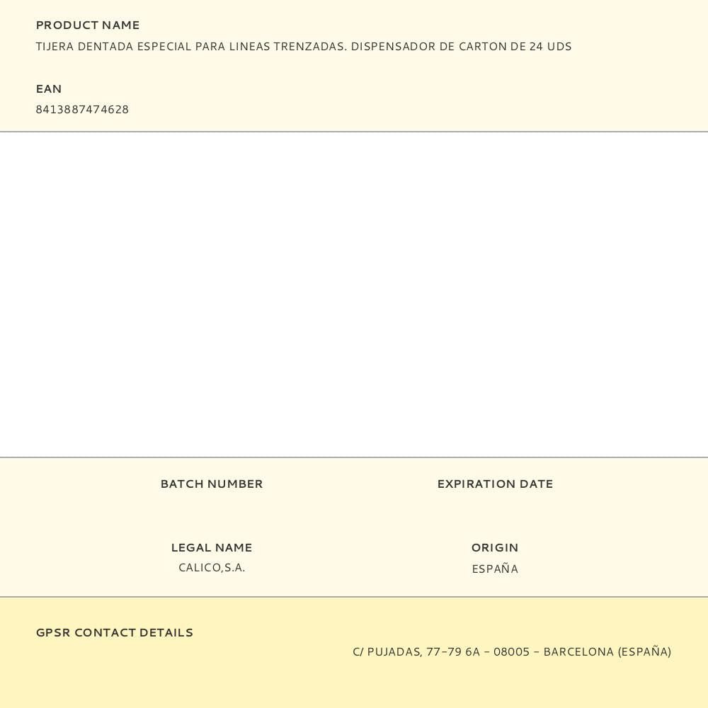 TIJERA DENTADA ESPECIAL PARA LINEAS TRENZADAS. DISPENSADOR DE CARTON DE 24 UDS