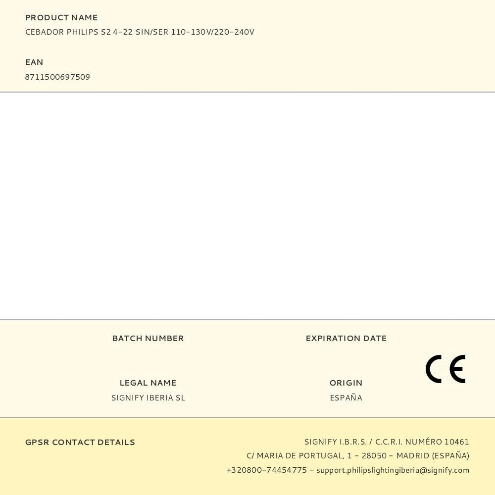 CEBADOR PHILIPS S2 4-22 SIN/SER 110-130 V/220-240 V