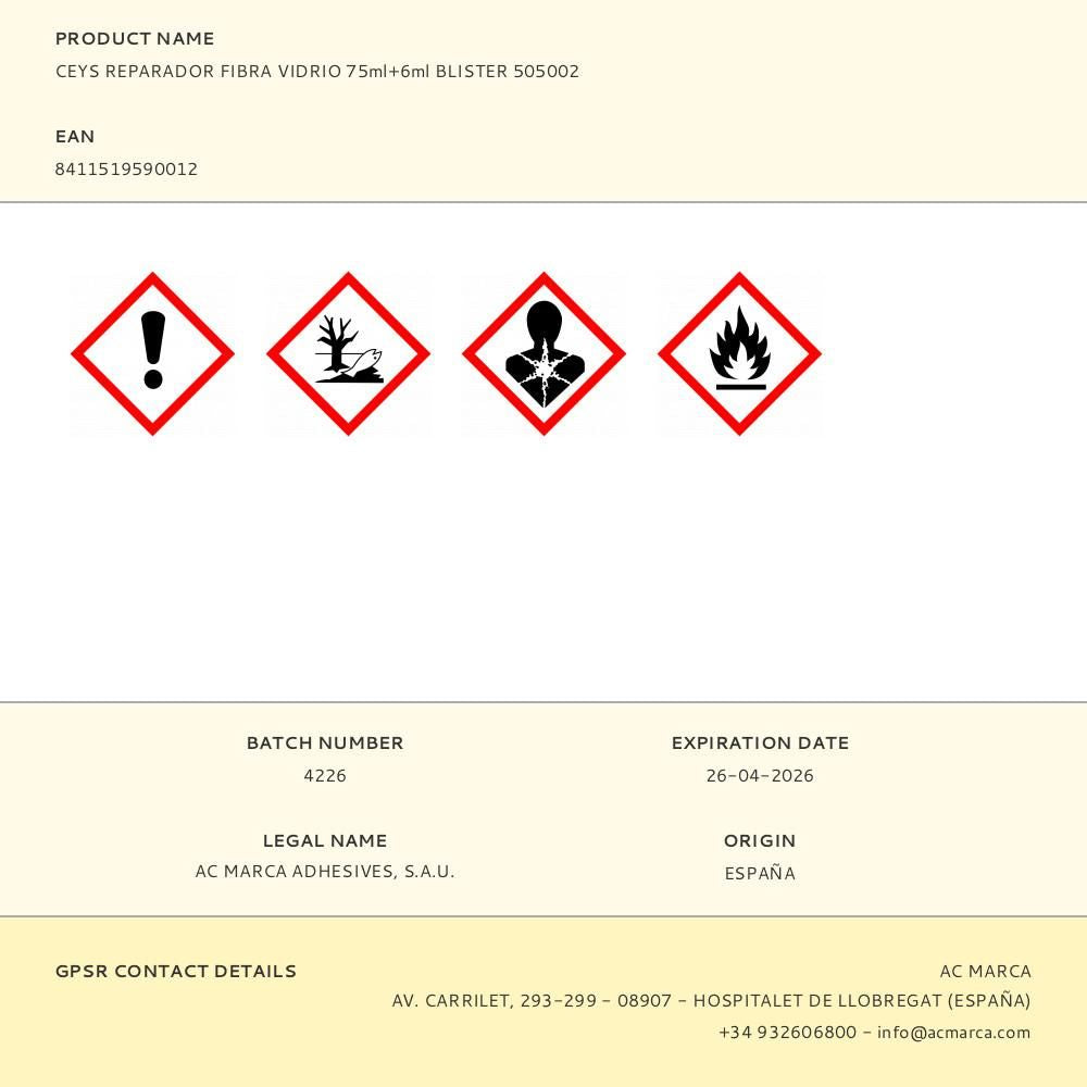 MASILLA REPARADOR FIBRA VIDRIO 75 ml + 6 ml BLISTER