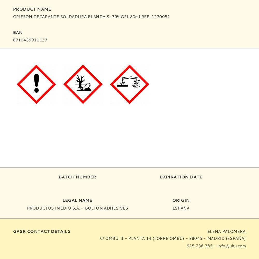 GRIFFON DECAPANTE SOLDADURA BLANDA S-39Â® GEL 80ml REF. 1270051