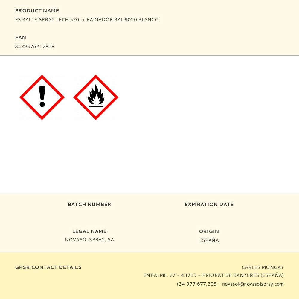 ESMALTE SPRAY TECH 520 cc RADIADOR RAL 9010 BLANCO