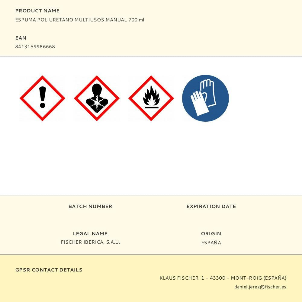 ESPUMA POLIURETANO MULTIUSOS MANUAL 700 ml