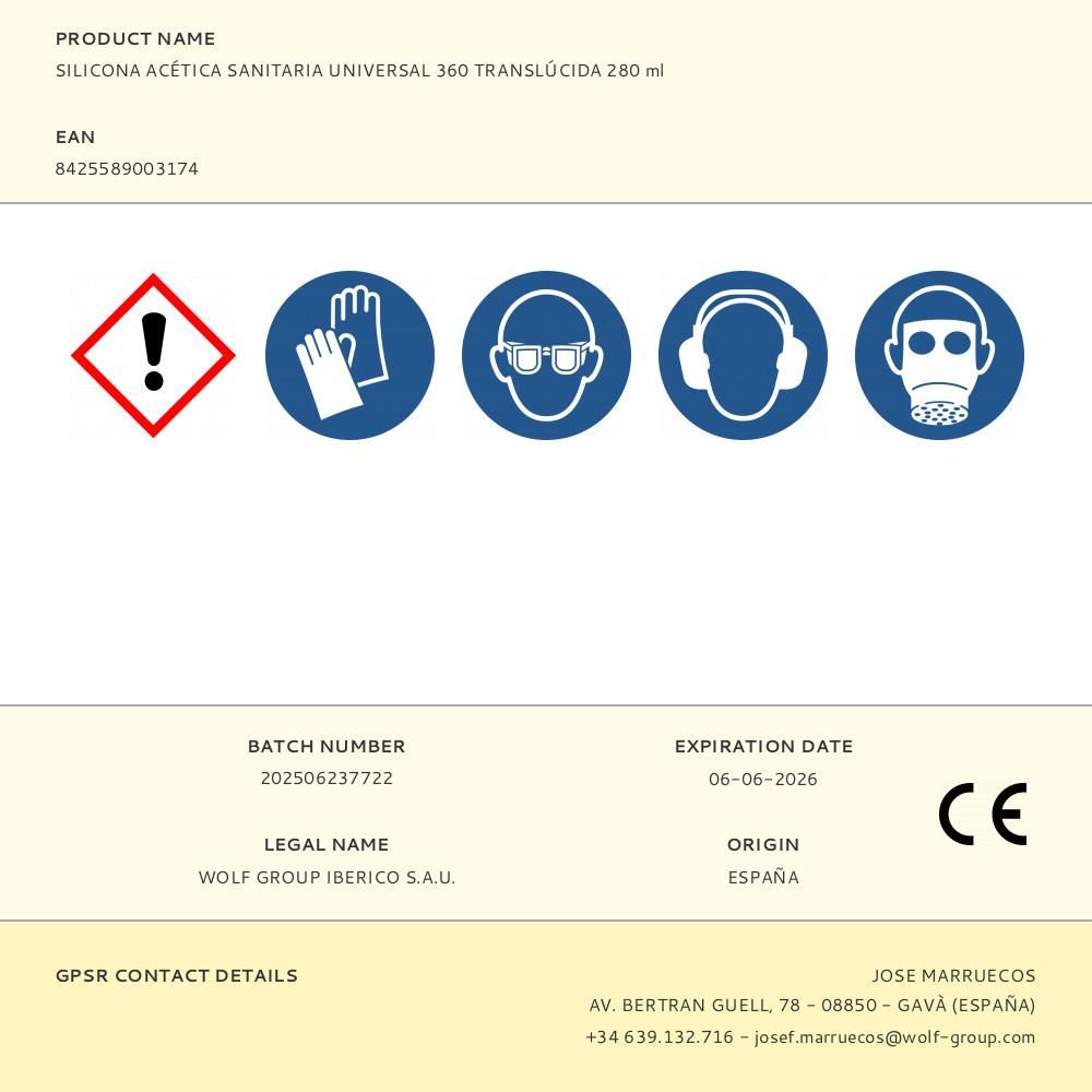 SILICONA ACÉTICA SANITARIA UNIVERSAL 360 TRANSLÚCIDA 280 ml
