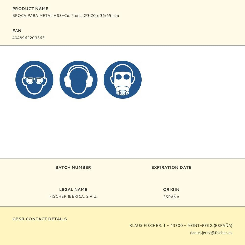 BROCA PARA METAL HSS-Co, 2 uds, 3,20 x 36/65 mm