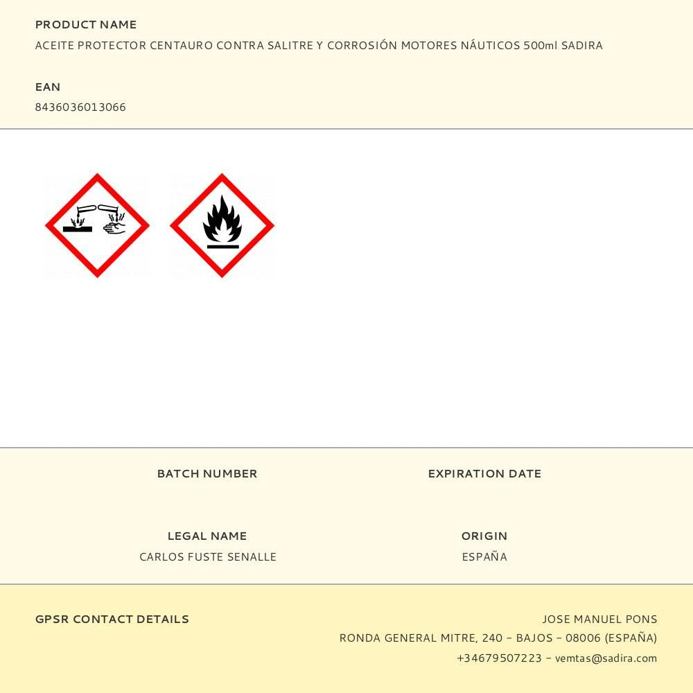 ACEITE PROTECTOR CENTAURO CONTRA SALITRE Y CORROSIÓN MOTORES NÍUTICOS 500ml SADIRA
