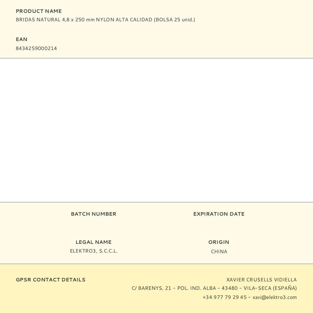 BRIDAS NATURAL 4,8 x 250 mm NYLON ALTA CALIDAD (BOLSA 25 unid.)